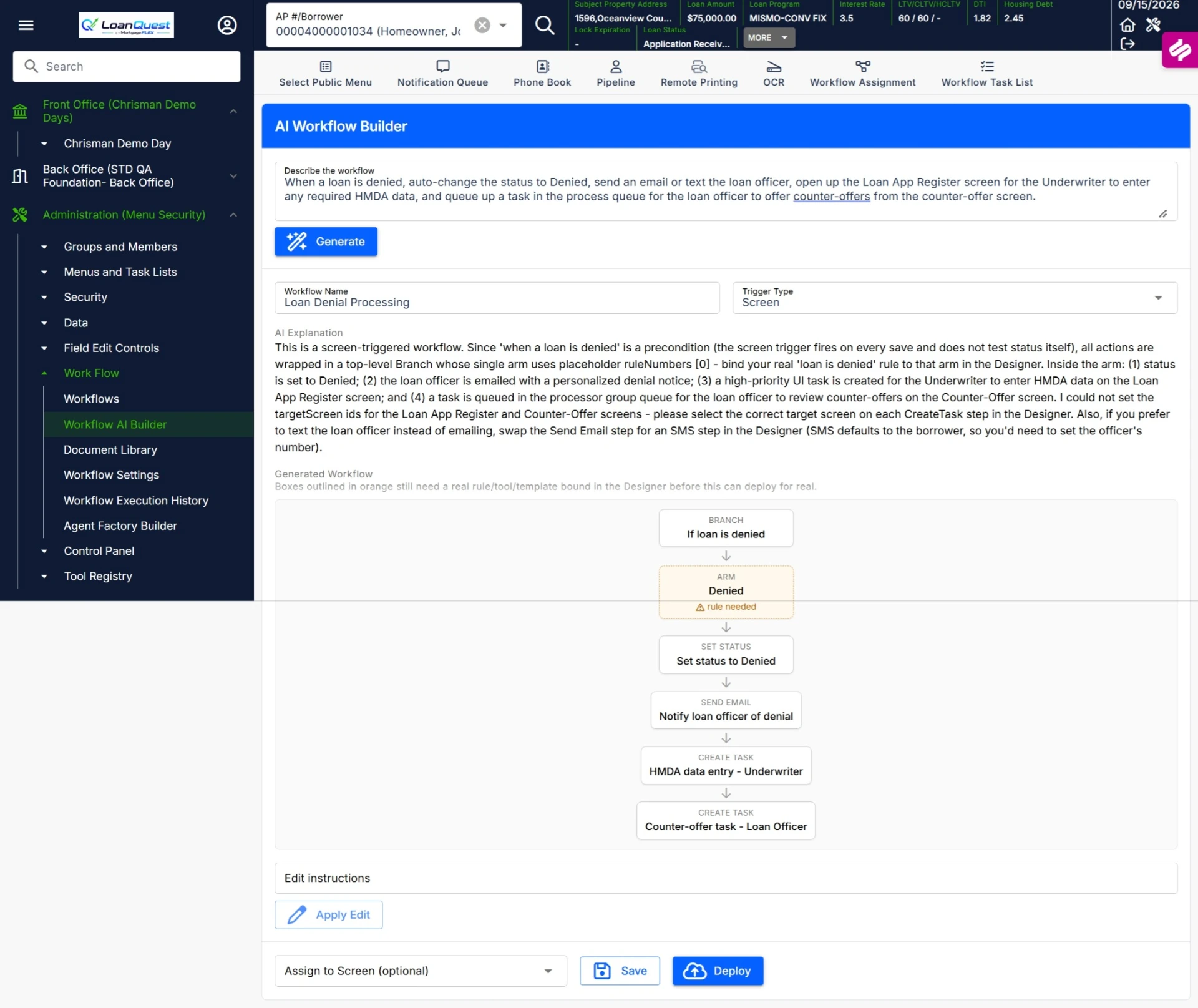 LoanQuest AI Workflow Builder generating a loan denial processing workflow from a natural language description