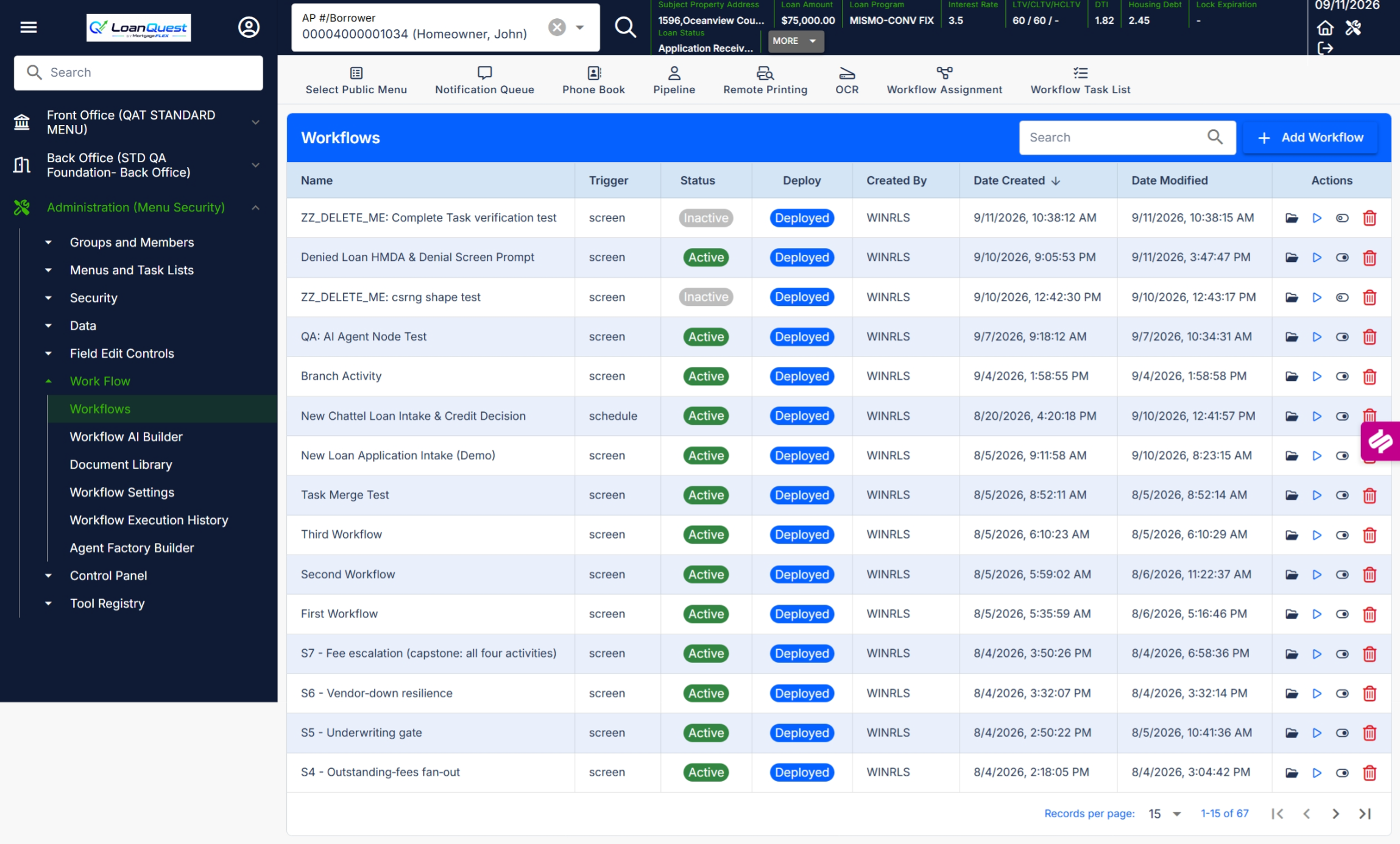 LoanQuest Workflows dashboard showing workflow names, triggers, active status, deployment, and audit history