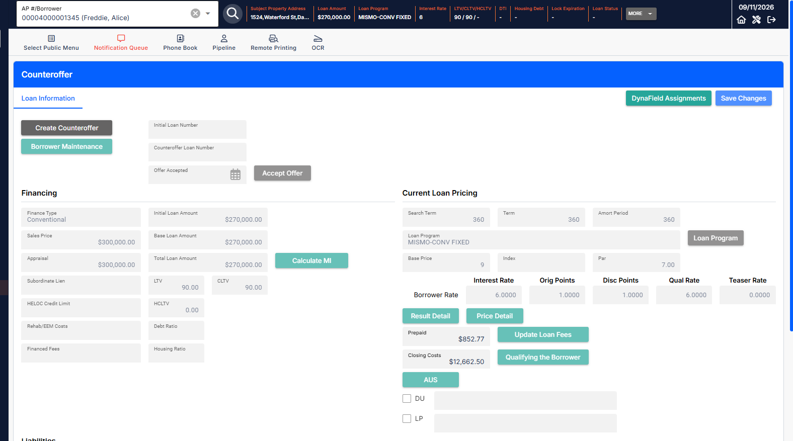 LoanQuest Counteroffer screen showing loan financing details and current loan pricing