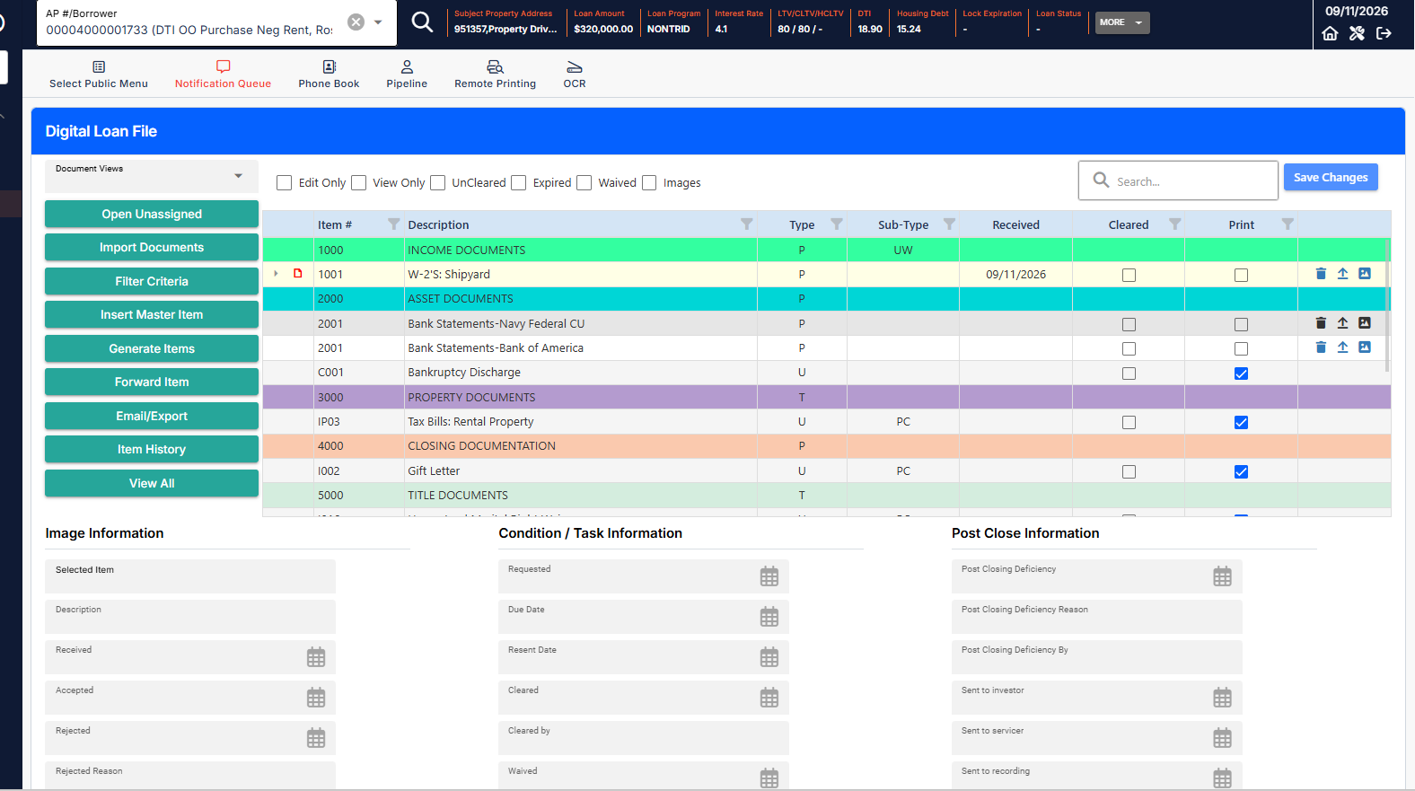 LoanQuest Digital Loan File screen showing document categories, conditions, and image information