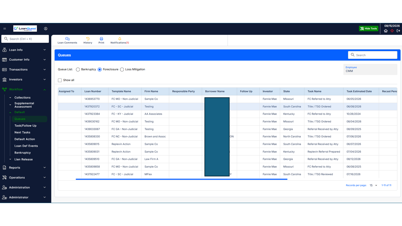 LoanQuest default workflow queues screen showing foreclosure, bankruptcy, and loss mitigation task assignments