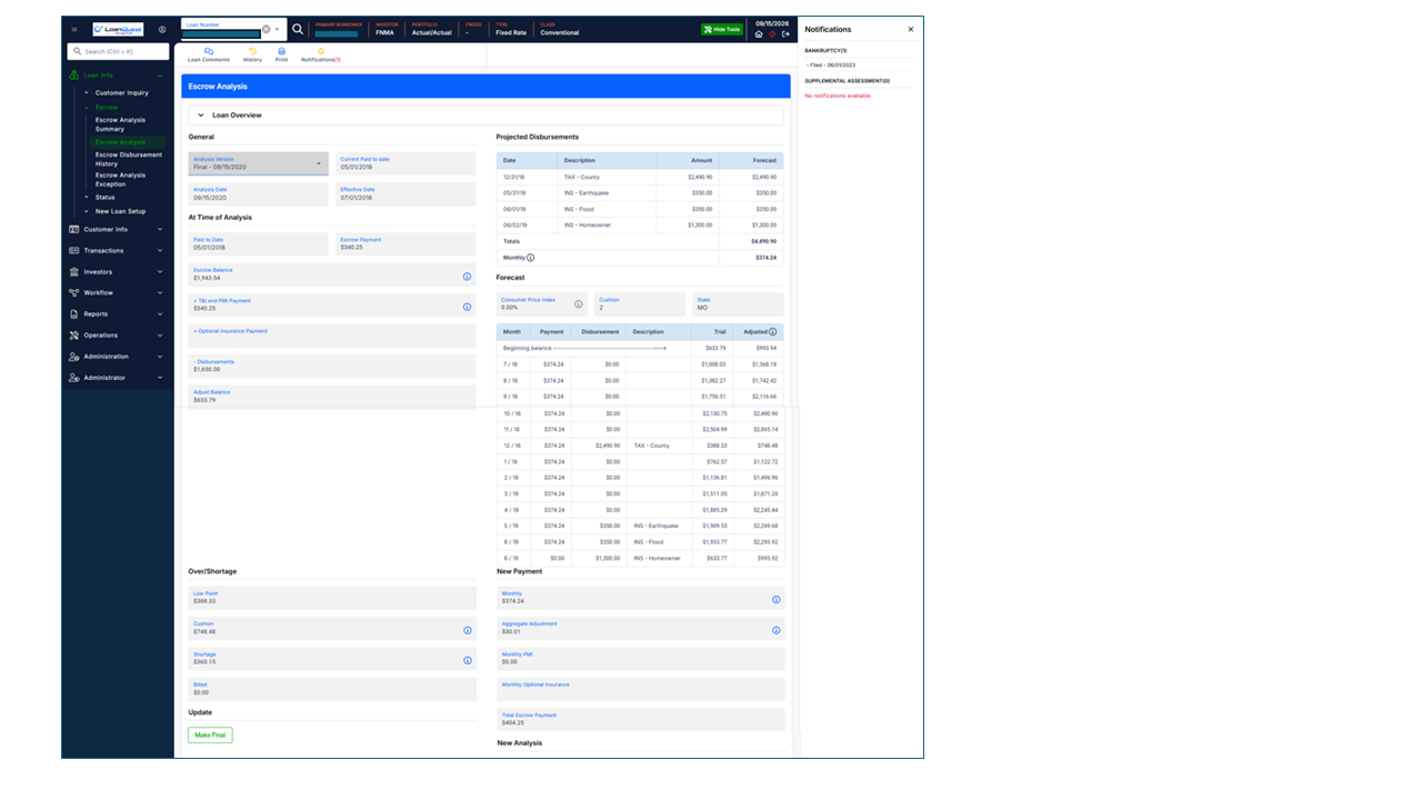 LoanQuest escrow analysis screen showing escrow details, projected disbursements, forecast, and new payment calculation